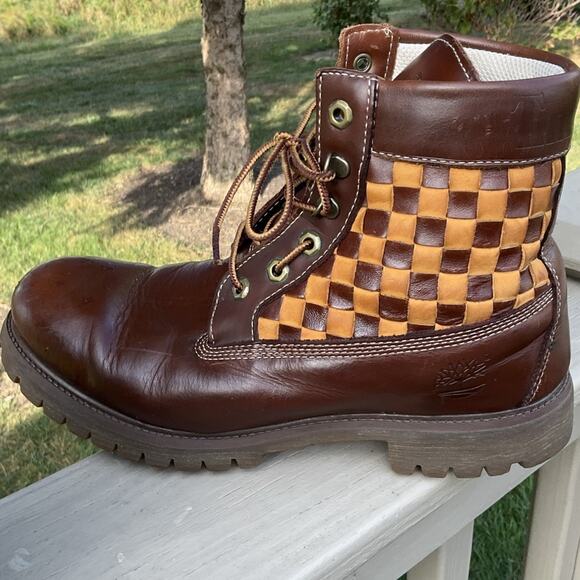 Timberland Men's Size 10 M 10.5 M Brown Woven Soft Leather Gorpcore Boots FLAWS - Picture 1 of 16